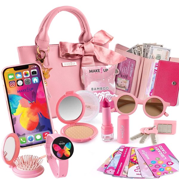 Princess Pretend Play Girls Purse & Toddler Girl Toys Make Up Set I Kids Purse & Fake Makeup Toys I Little Girl Purse with Accessories Phone, Wallet, Play Makeup & More I Toys for 3+ Year Old Girls