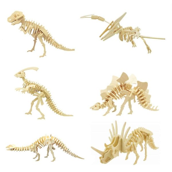 3D Wooden Dinosaur Puzzle - 6 Piece Set Wood Dinosaur Skeleton Model Puzzle - DIY Wooden Crafts 3D Puzzle - STEM Toys Gifts for Kids and Adults
