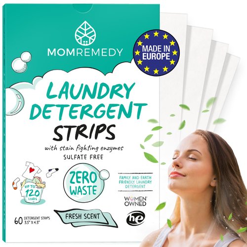 MomRemedy Laundry Detergent Sheets with Powerful Stain Fighting Enzymes - Made in EU, Sulfate Free, Zero Waste Laundry Sheets Detergent in Recyclable Packaging - Travel Friendly 60 Count (Fresh Scent)