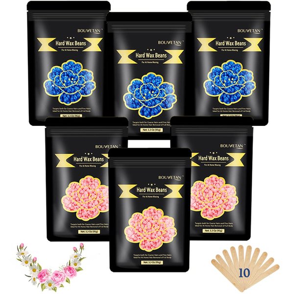 Wax Beads for Hair Removal, Bouvetan 1.3Lb/21oz Hard Wax Beads for Brazilian Waxing, Hard Wax for Eyebrow, Face, Bikini, Legs, Arms for Women Men Hair Removal with 10pcs Wax Spatulas, 6 Packs