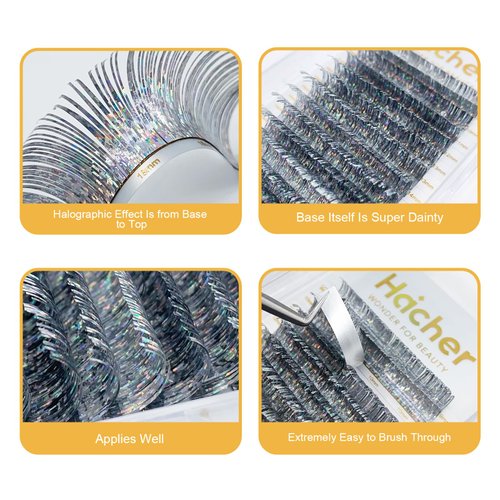 HAICHER Colored Lash Extensions CC Curl 9-18mm Mixed Lash Trays, Holographic Lash Tinsel for Eyelash Extension (Silver, Volume)