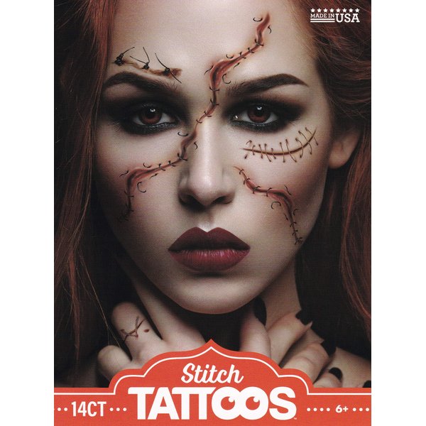 Halloween Realistic Temporary Costume Make Up Face Tattoo Kit Men or Women - (3D Realistic Stitches) 3 Sheets