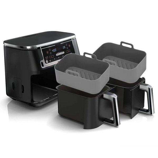 2Pcs Air Fryer Silicone Liners Rectangular for Ninja Foodi Dual DZ201 8QT/DZ090 6QT, MMH Reusable Airfryer Pot Replacement Baking Tray Basket Insert | Non-stick | Easy Cleaning | Food Safe | Gray