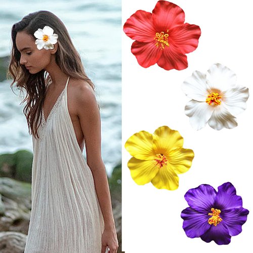 Hawaiian Flower Hair Clips for Women Red & White & Yellow & Purple Hair Clip Fashion Artificial Flower Clips Summer Hair Accessories for Vacation Beach Party 4PCS