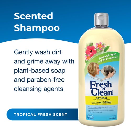 Pet-Ag Fresh ’n Clean Oatmeal ’n Baking Soda Shampoo - Tropical Fresh Scent - 32 oz - Nurtures Dry, Itchy & Sensitive Skin with Vitamin E & Aloe - Strengthens & Repairs Coats - Soap Free