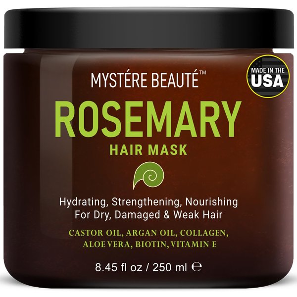MYSTÉRE BEAUTÉ Rosemary Hair Mask for Dry Damaged Hair with Collagen, Biotin, Argan Oil- Strengthening Hair Masque for Split Ends, Hair Loss and Breakage- 8.45 fl oz