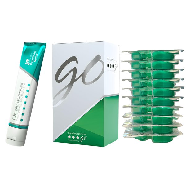 Opalescence Teeth Whitening Bundle - Opalescence Go 15% Hydrogen Peroxide Prefilled Trays (10 Trearments) and Sensitive Whitening Toothpaste 4.7 Onz - Mint Flavor 5194-5167