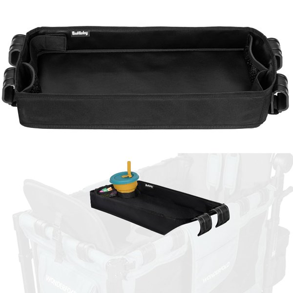 Boffinby Double Sided Stroller Tray Fits for Wonderfold Wagon- Kids Snacks & Activities - Faux Leather Sides for Eating - Cup Holders & Mesh Pockets, Easy to Use and Clean, Play On the Go (W2 Series)