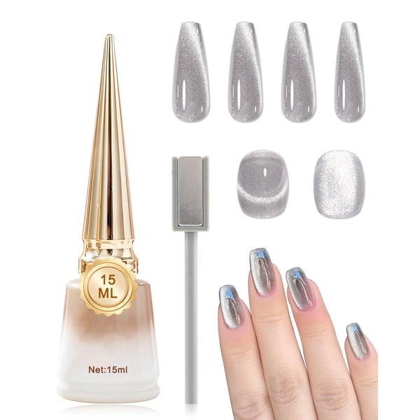 Diamond Silver Cat Eye Gel Nail Polish with Magnetic Stick,9D Holographic Galaxy Glitter Aurora Cateye Gel Nail Polish,Crystal Shiny Nails Glue Gel Polish Kit,Soak Off UV LED for Salon DIY Nail Art-01