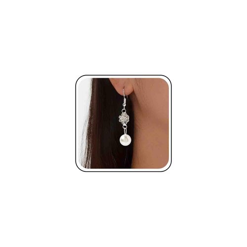 Allereyae Vintage Rhinestone Pearl Drop Earrings Crystal Flower Dangle Earrings Silver Pearl Earring Cz Flower Hook Earrings Jewelry for Women and Girls