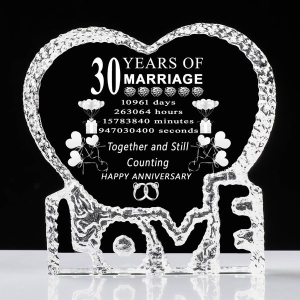 30 Years 30th Wedding Anniversary Crystal Gifts for Her Him, Laser Crystal Heart Marriage Keepsake for Couple Friends Women Man Mom Dad Parents Husband Wife