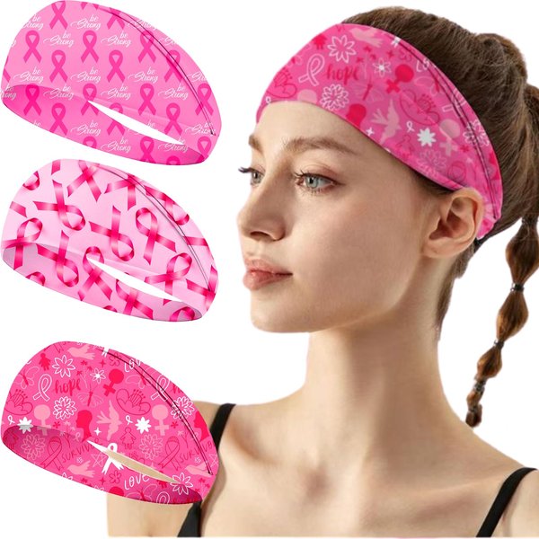 QDTK 3 Pieces Breast Cancer Awareness Headbands Pink Ribbon Elastic Wide Head Band Women Headwraps Supplies Workout for Party Fundraising Sports Running Stretchy Twisted Hair Band