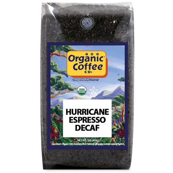 The Organic Coffee Co. Whole Bean Coffee - DECAF Hurricane Espresso Roast (2lb Bag), Medium Dark Roast, Swiss Water Processed, USDA Organic