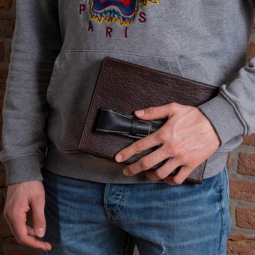 DiLoro Single Pen Case Holder Sleeve Thick Buffalo Full Grain Leather (Buffalo Dark Tan)