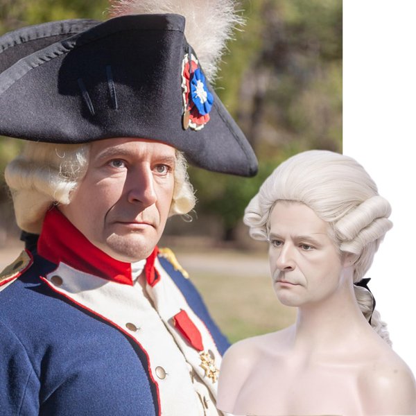 Aicos Historical Washington Lawyer Cosplay Wig for Men, 18th Century Long Wavy Beige Colonial Judge Halloween Powdered Costume Party Wigs+Wig Cap