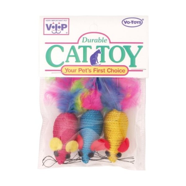 Vo-toys Braided Mice with Feather Tails - 3 pack - Cat & Kitten Toys!