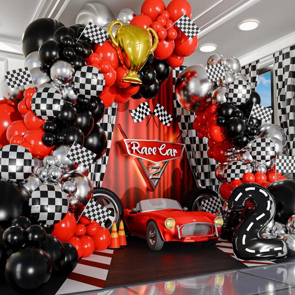 ALL-IN-1 Race Car Balloon Arch Kit with BONUS Trophy & Number 2 - Race Car Balloon Garland Kit for Lightning McQueen Cars 2 Birthday Party Supplies & Hot Wheels Balloon Race Cars Decorations