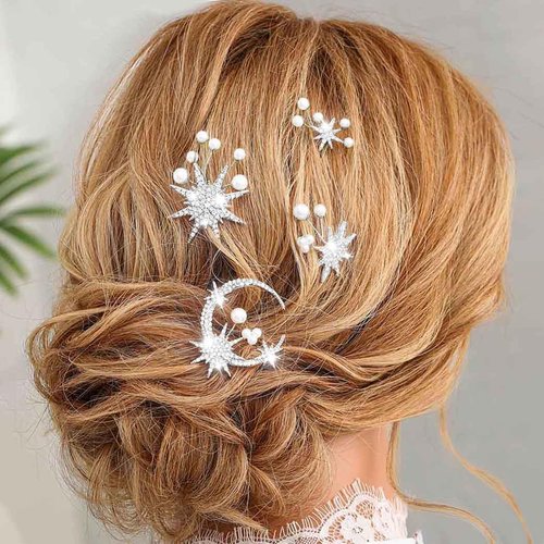 Kilshye Star Moon Bride Wedding Hair Pins Silver Rhinestone Bridal Hair Piece Pearl Prom Hair Accessories for Women and Girls (Pack of 4)