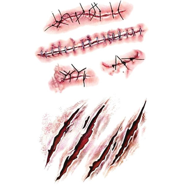 KIPETTO 20Pcs Halloween Temporary Tattoo Stickers Horror Realistic Waterproof Fake Bloody Wound Stitch Stickers Makeup For Halloween Party Cosplay
