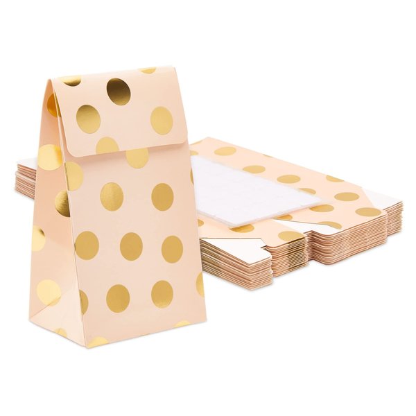 BLUE PANDA 24 Pack Pink Paper Bags with Gold Foil Polka Dot for Kids Birthday, Girls Baby Shower, Wedding Themed Party Favors (5.5 x 8.6 x 3 In)