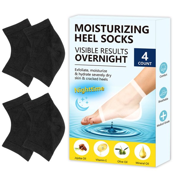 Moisturizing Gel Heel Socks for Dry Cracked Feet - 2 Pairs - Spa Socks for Cracked Heel Treatment - Heal Dry Heels - Night Care Skin - Foot Care for Women & Men (Regular, Black)