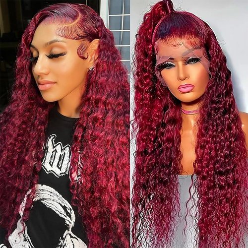 ZHUO JIA Glueless lace front Wigs Human Hair Pre Plucked 26 Inch Deep Wave Lace Front Wigs Human Hair 99j Burgundy 13x4 HD Lace Front Wigs Human Hair 180% Density Human Hair (26 Inch)