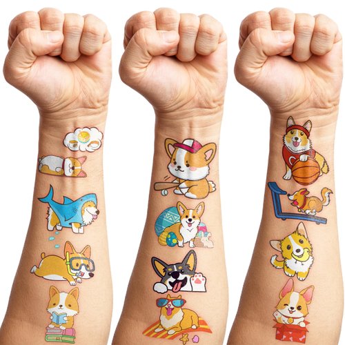 Corgi Temporary Tattoos Birthday Party Supplies Decorations 96PCS Tattoos Stickers Pet Dog Cute Party Favors Kids Boys Girls Gifts Ideas Classroom School Prizes Themed Baby Shower Christmas