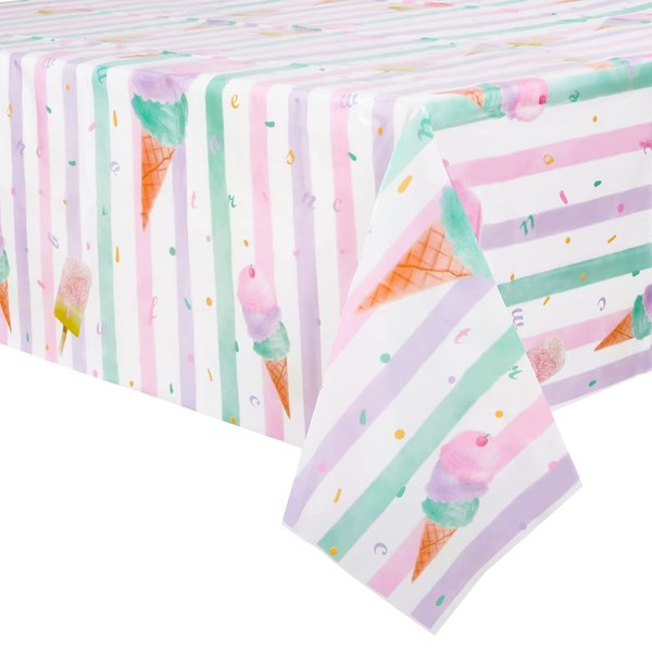 WERNNSAI Ice Cream Party Table Cover - 54” X 108” Disposable Rectangular Plastic Tablecloth Ice Cream and Popsicle Themed Party Supplies for Kids Girls Birthday Baby Shower Wedding Party Decorations