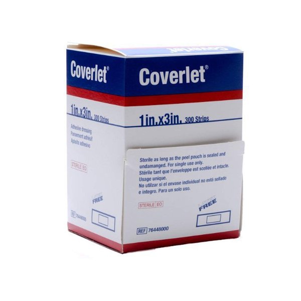 BSN Medical Coverlet Latex-Free Fabric Strip Adhesive Bandage, 1" x 3" Rectangular Strips, 300 Per Box, Wound Care for Cuts and Scrapes, Sterile