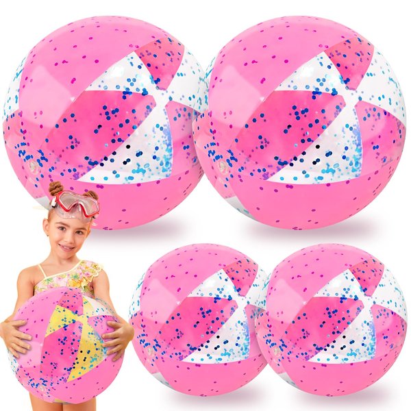 TURNMEON 5 Pcs Glitter Beach Balls, Jumbo 24 Inch & 16 Inch Sequins Pink Inflatable Beach Balls for Kids Toddlers Adults Summer Pool Balls Beach Toys Outdoor Pool Party Favors