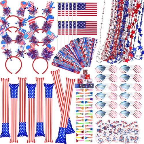MOVINPE 172pcs 4th of July Accessories Patriotic Party Favors, Thunder Sticks Head Boppers Shutter Glasses Beaded Necklaces Flags Slap Bracelets Musical Blow Outs Tattoos Parades Giveaways