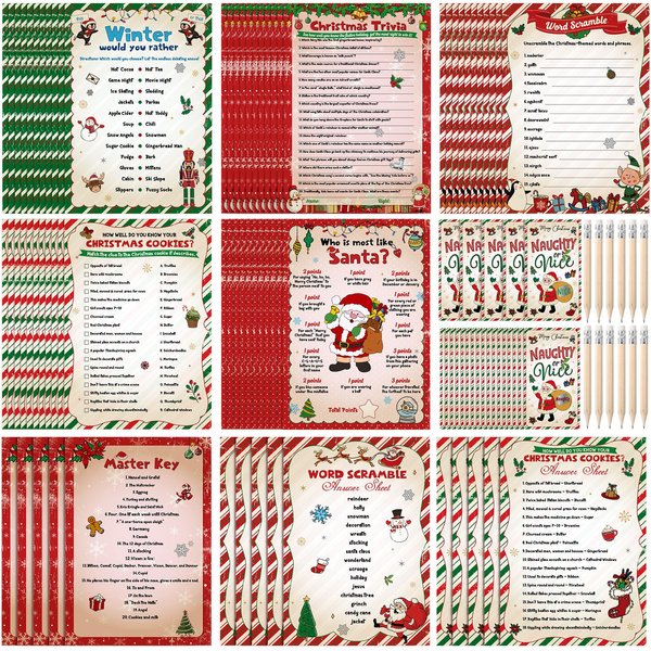 Containlol 187 Pcs Trivia Game for Adult with Pencils Christmas Party Games Sets Xmas Game Festival Guessing Activity for Adult Family Party Supplies(Christmas)