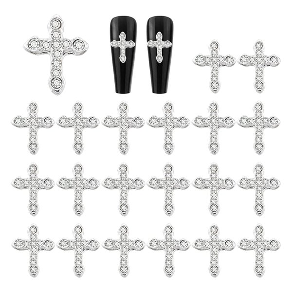 WOKOTO 20pcs Luxury Cross Nail Charms For Nail Art 3d Jewelry Flat Back Crystal Rhinestones Nail Cross Charms For Nails Crystal Cross Nail Art Charms Clear Diamond Cross Nail Jewels Nail 3d Charms