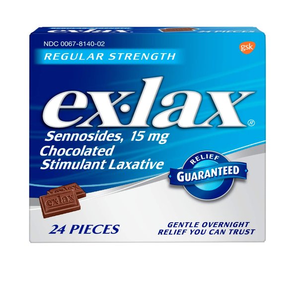 Ex-Lax Regular Strength Sennosides - 15mg, Stimulant Laxative Chocolated Pieces for Gentle overnight relief, 24 pieces (Pack of 10)
