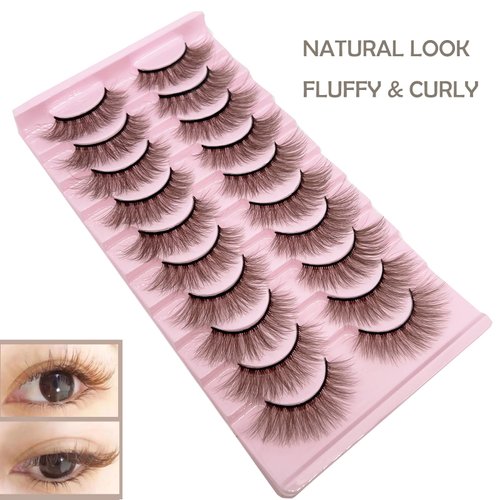 Brown Lashes Fluffy False Eyelashes LIght Brown Lash MUQIU37 Cat Eye Faux 3D Mink Lashes Wispy Long Fake Eyelashes Volume Cross Strips Eyelash Extension 10 Pairs (MQ606)