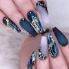 Long Press Coffin Fake Nails French Marble with Glitter Rhinestones Glue on Matte Stick Artificial for Women 24Pcs