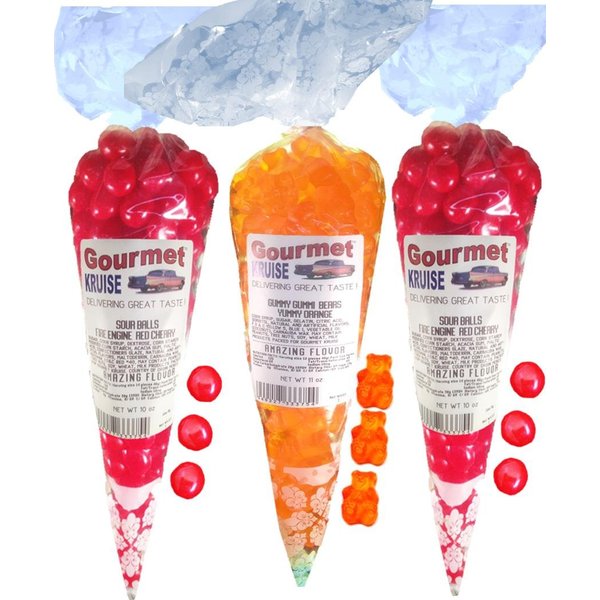 Sour Balls (2) Fire Engine Red Cherry (1) Energy Orange Gummi Gummy Bears (NET WT 31 OZ) Gourmet Kruise Signature Gift Bags