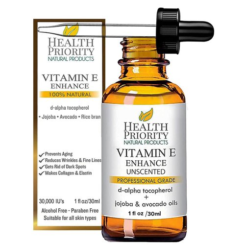 Organic Vitamin E Oil for Skin - 1 Fl oz Vitamin E Serum with Jojoba and Avocado Oil by Health Priority Naturals - 15000 IU Unscented, Handcrafted for Face and Hair, Non-GMO and No Gluten