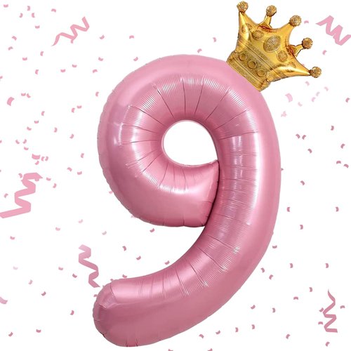 Pink 9 Balloon 40 Inch,Giant Number Balloon Mini Crown Balloon Set for Girl 9th Birthday Party Decorations,Nine Years Old Birthday Pink Party Theme Decorations,Pink Foil Mylar Birthday Digital Balloon