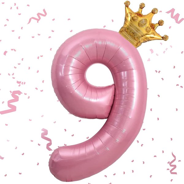 Pink 9 Balloon 40 Inch,Giant Number Balloon Mini Crown Balloon Set for Girl 9th Birthday Party Decorations,Nine Years Old Birthday Pink Party Theme Decorations,Pink Foil Mylar Birthday Digital Balloon