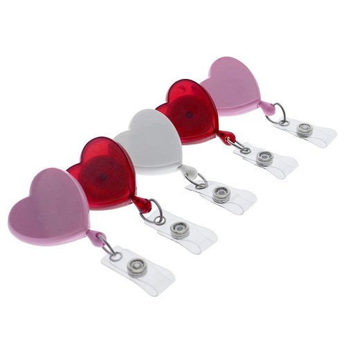 5 Pack - Cute Heart Shaped Retractable Badge Reels with 360° Swivel Alligator Pinch Clip - Great Name Badge Holder for Nurses, Teachers, DIY Bling & Office by Specialist ID (Assorted Colors)