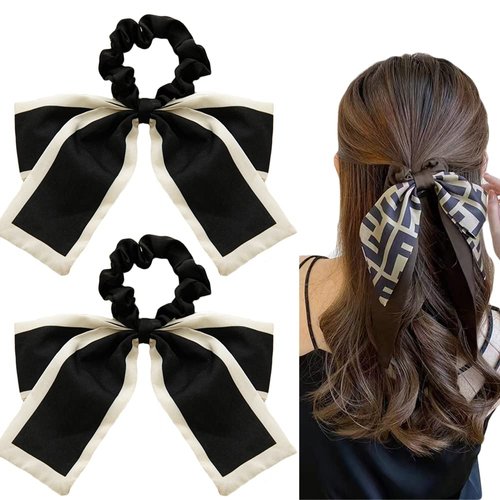 2 Pcs Black White Hair Scarf with Ribbon Bow for Women Girls, Bow Scrunchies for Hair, Ribbon Hair Ties with Bow, Chiffon Hair Ribbon Short Hair Bands Ties Ponytail Holder (Black)