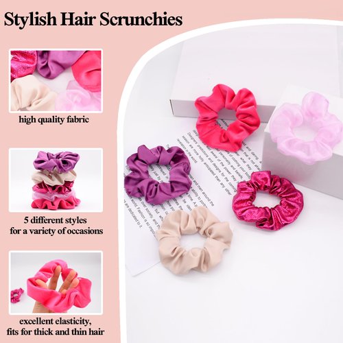BEGOOD Scrunchies for Women's Hair Scrunchies Hair Scrunchy Elastic Hair Ties Hair Scrunchie Bobbles Hair Bands Ponytail Holder Hair Accessories 5Pcs Pink Set