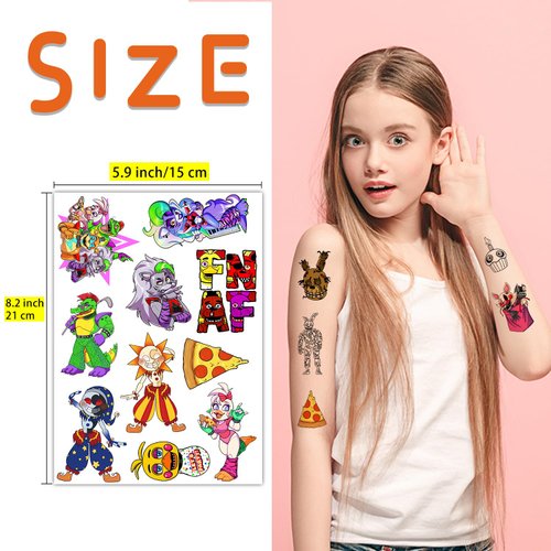 Pounchi Horror FNAF Temporary Tattoos (8 Sheets) Gifts Halloween Decor Cosplay Waterproof Temporary Tattoos Cartoon Stickers Party Favors Supplies for Teens Kids