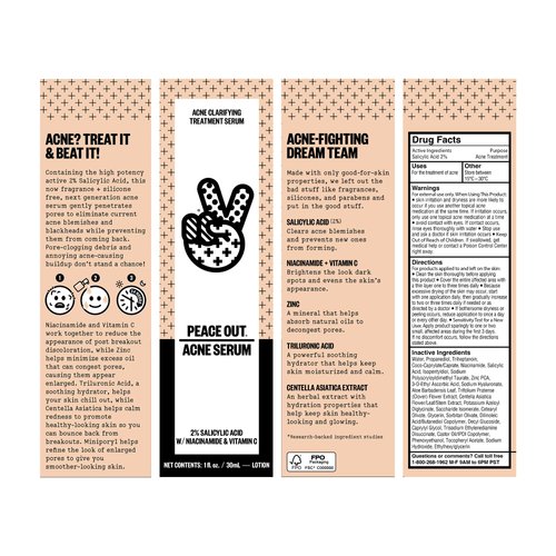 Peace Out Skincare Acne Serum. Daily Multi-Benefit Face Serum with 2% Salicylic Acid to Target Pimples, Zits, Blemishes and Breakouts, For Clearer-Looking Skin, 1 fl oz