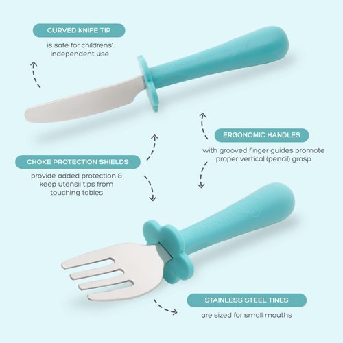 Grabease Toddler Silverware Set Forks Spoons and Knives Set Toddler Utensils Feeding Supplies - Phthalates-Free, Dishwasher Safe, Teal - Self Feeding Utensil