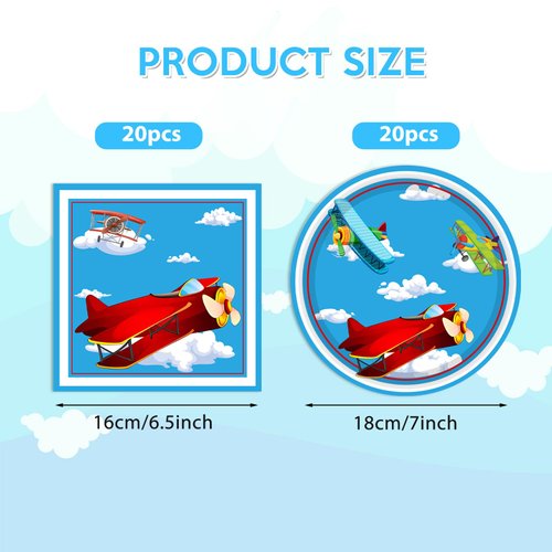 40PCS Airplane Birthday Party Decorations Plane Blue Sky Party Paper Plates Napkins Tableware Kit for Party Supplies baby boy shower decorations Kids Boys Girls Serves 20 Guests