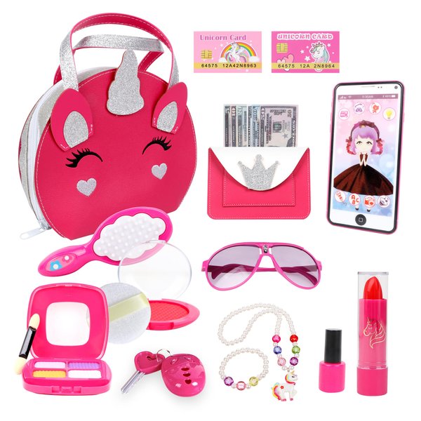 RONGGE Toddler Purse Pretend Play Toys Includes Fake Makeup Kit, Unicorn Handbag, Phone, Wallet and Jewelry for Little Girls Age 3 4 5 6 7 8 Kids Your Princess Niece Granddaughter Birthday Xmas Gifts