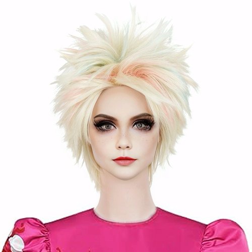 Aicos Short Blonde mix Light Blue Pink Cosplay Wig for Women Costume Halloween Party Fluffy Spiky Weird Colored Movie Wigs with Bandana+Wig Cap