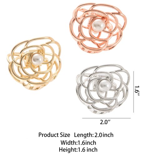 KISSKIKO Mini Rose Flower Hair Claw Clips for Women 2 Inch Cute Pearl Small Hair Clip | 4 Pcs Metal Nonslip Headdress Gold Silver Women and Girls Fine Hair Fancy Horsetail Clip